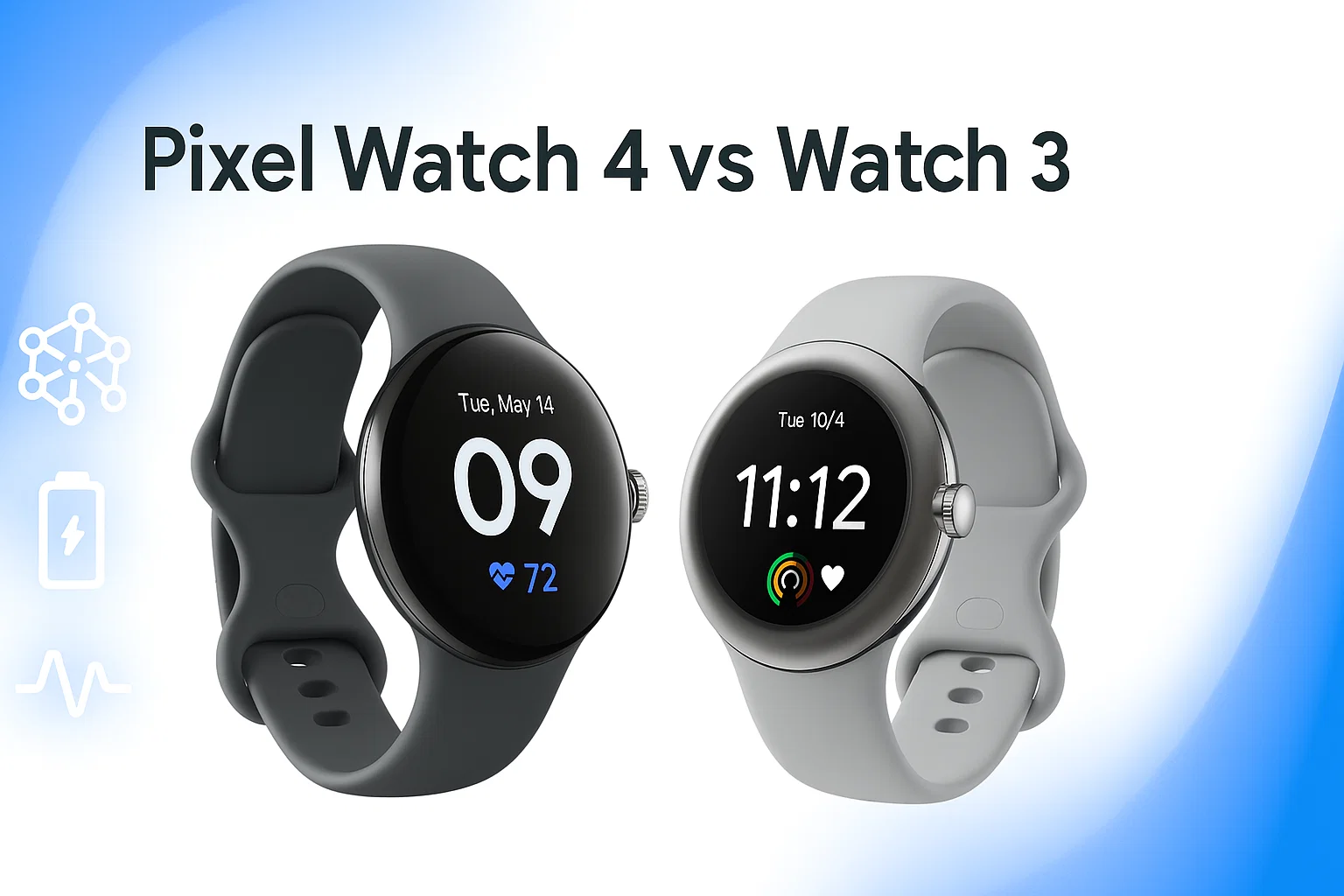 Pixel Watch 4とPixel Watch 3の比較画像。新機能と性能向上を視覚的に表現
