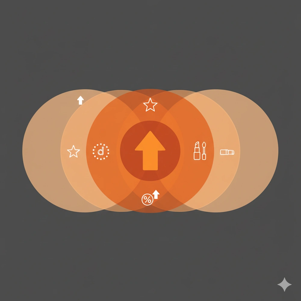 キャンペーンの重ね掛けで還元率を最大化する概念図。ポイントアップ、スタンプラリー、dポイント、コスメキャンペーンが重なる中心に還元率最大化の文字