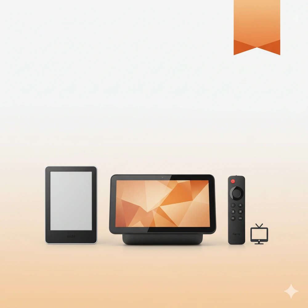 最大50%OFFとなるAmazonデバイスの商品ラインナップ。Echo Show、Kindle、Fire TV Stickなどを配置したプロダクトショーケース画像