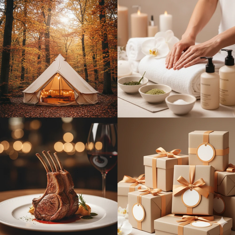 Amazonブラックフライデー2025の体験コレクション。キャンプ、エステ、グルメなど体験と商品がセットになった特別企画の魅力を伝えるコラージュ画像