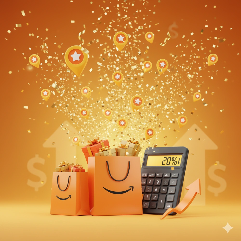 Amazonブラックフライデー2025で成功する買い物のイメージ。ショッピングバッグ、割引計算機、ポイント、紙吹雪で還元率20%超を目指す様子を表現